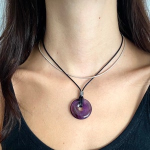 Amethyst donut choker on black leather