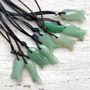 aventurine fish pendant, mens gift for angler, small green crystal, gemstone fish necklace,  gift for swimmer.