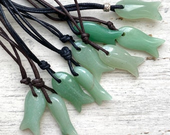 aventurine fish pendant, mens gift for angler, small green crystal, gemstone fish necklace,  gift for swimmer.