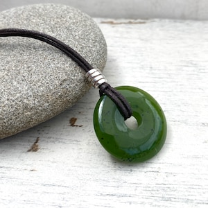Mans Jade pendant, jade gift for luck, jade donut zodiac necklace, cotton and leather anniversary. AA grade image 3