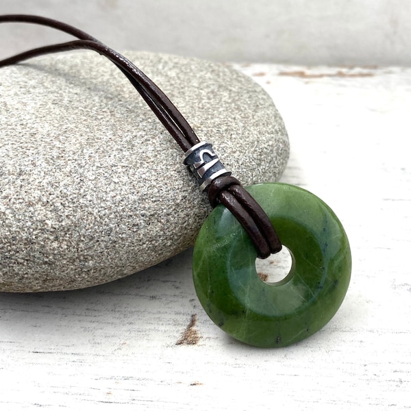Nephrite Jade donut Pendant, Libra star sign zodiac gift for him. Jade jewellery for men. leather anniversary gift