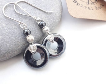 hematite drop earrings, iron anniversary gift, gemstone earrings with stones, sterling silver wire wrap , handmade earrings for gothic teen