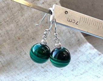 Natural Malachite drop earrings. round ball earrings gift for mother. Green gemstone earrings for christmas