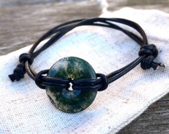 Gemstone Leather bracelet for man, moss agate adjustable bracelet, vegan bracelet gift for success.