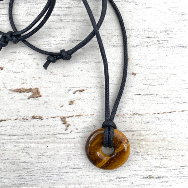 Small Tigers eye donut pendant, unisex teen gift, natural gemstone , boys crystal ,  adjustable vegan necklace,