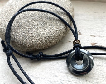 Teen boys gemstone pendant, Hematite crystal donut necklace, adjustable leather or vegan friendly cord, unisex stone necklace