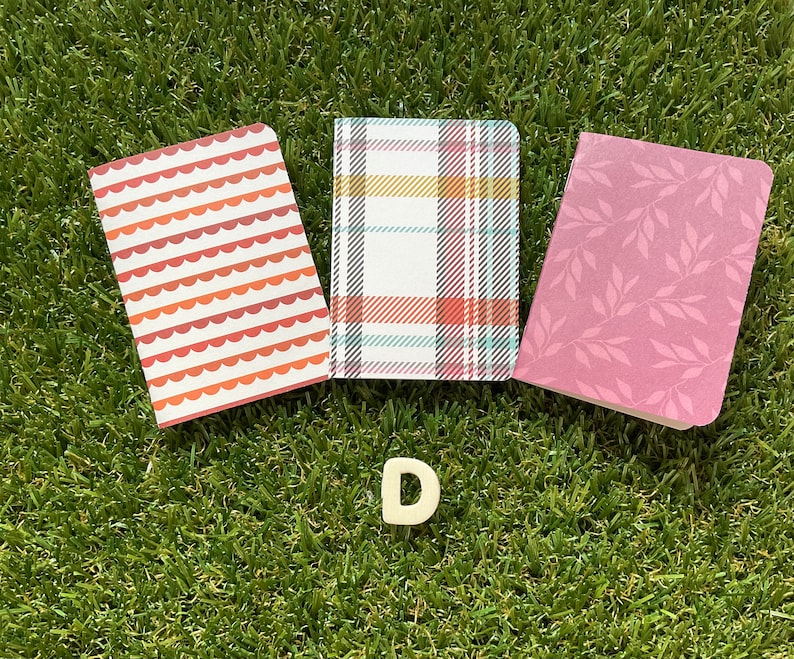 May include: Three small notebooks with different patterned covers. The covers are red and white with a wavy pattern, white and black plaid, and pink with a leaf pattern. The notebooks are on a green grassy surface with a white letter D in the foreground.