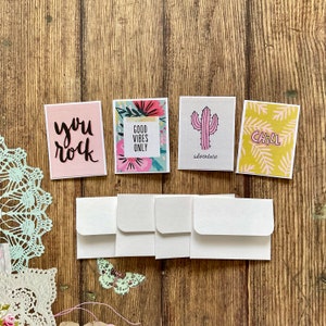 Conjunto de 4, Mini cartões, pequenos cartões e conjunto de envelopes, Bilhetes de fada, Mini papelaria, mini cartões de incentivo e envelopes, mini conjunto de cartões
