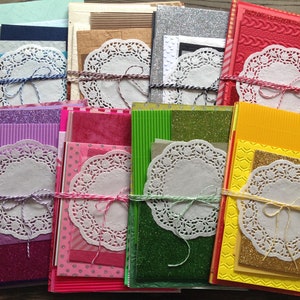 Mixed paper pack, variety pack, coloured paper pack, handmade papers, embossed papers, vellum, corrugated card, glittered foam, mixed sizes