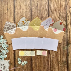 Mini cards, tiny cards and envelope set, kraft papers, Fairy notes, Mini stationery, Kraft envelopes, mini stationary, lined envelopes