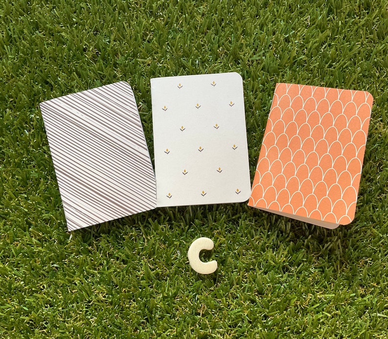 May include: Three small notebooks with different patterned covers. The covers are striped, dotted, and have a scallop design. The notebooks are on a green grassy surface.
