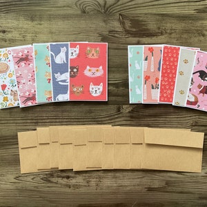 Mini gift card pack and envelopes, assorted cat cards, gift cards,set of 10 cards, mini card set, cards with Kraft paper envelope