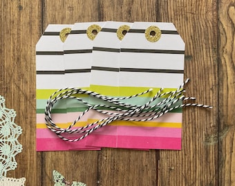 Handmade Large Gift Tags: Striped Cardstock with Twine, Set of 4