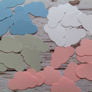 25 confeti de nubes, suministros, revelación del género del bebé, decoración para baby shower, confeti para baby shower, etiquetas, troqueles de nubes, etiquetas de nubes, nubes de papel