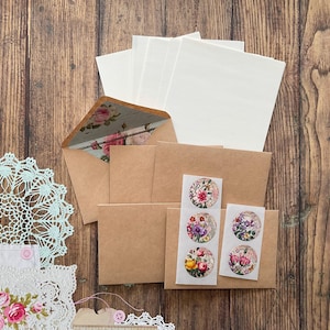Mini writing set, Kraft stationery, mini stationery set, mini letter set, lined envelopes, floral letter set, floral writing set