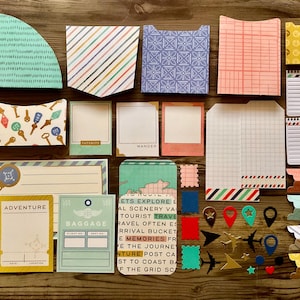 Scrapbooking pack, travel ephemera, journal accessories, cards,tags and more, travel theme, airmail theme, embellishments, handmade ephemera