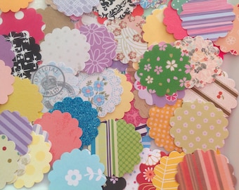 40 scallop circles, 1.5 inch die cuts, 1.25 inch die cuts, paper die cuts, multi coloured Scallop circles, destash