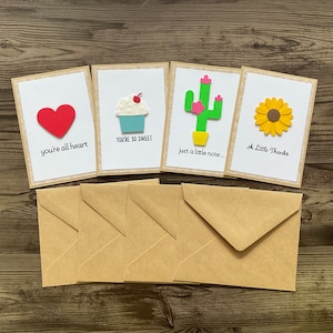 set of 4 cards, mini gift cards,handmade cards, kawaii cards, whimsical cards,note cards, mini cards, cards with envelopes, quirky cards,
