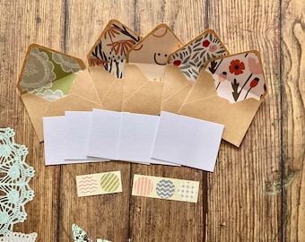 Conjunto de Mini Papelaria Kraft: Envelopes Forrados, Cartões de Anotações e Selos