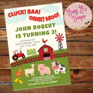 May include: A farm-themed birthday invitation for a child turning two. The invitation features a red barn, a tractor, a windmill, a rooster, a goat, a pig, a cow, and two chicks. The text on the invitation reads "Cluck! BAA! OINK! MOO! John Robert is turning 2! Saturday September 10th at 5:00 PM Southern Athletics 123 Orchard Lane Tompkinsville, KY RSVP at (555) 555-5555 We hope to see you there!"