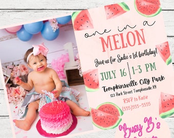 One in a melon Invitation, Watermelon Party Invitation, First Birthday