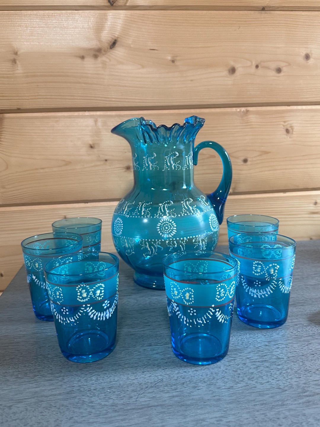 Antique Vintage Handpainted Blue Pitcher and 6 Glass Set - Etsy