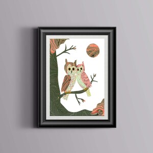 Love Birds Green Owls, Owls, Lovebirds, Bird Art, Bird Print, cut paper art, whimsical, anniversay, wedding