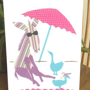 Donkey at the Beach, Donkey, whimsical, fantasy card, children card, geese, beach