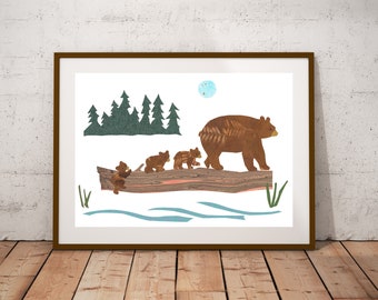 Bears on a Log, Northwoods print, Minnesota print, northern minnesota, bears and cubs