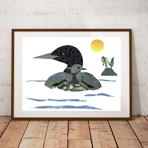 Mama Loon, Northwoods print, Minnesota print, northern minnesota, large water birds, baby loon on mama loon&#39;s back