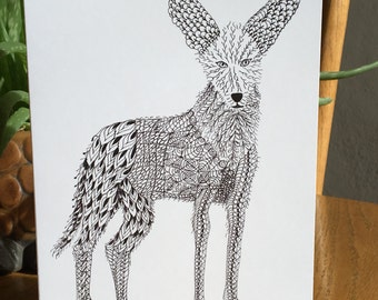 Ky, Coyote card, Southwest animal card, pen and ink, black and white