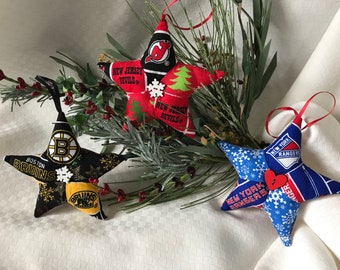 Hockey Teams - NY Rangers, Boston Bruins and NJ Devils and - Unique Handmade Fabric Patchwork Star Ornaments/Gifts/Holiday Decorating!!