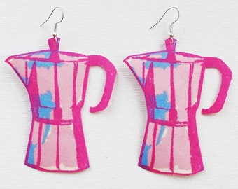 Handmade Pink Moka Pot Earrings: Italian Coffee Lover Jewelry