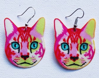 Calico Cat Fabric Earrings, Cat Jewelry, Colourful Cat Cloth, Cat Lover Gift, Kitten Earrings, Handmade Moggy Jewelry, Cat Face Earrings