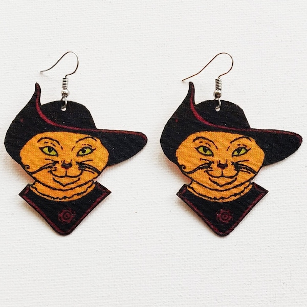 Puss in Boots from Shrek Fabric Earrings, Puss in Boots Earrings,  Shrek Jewelry, Shrek Earrings, Shrek Gift, Cat Fabric Earrings,Cat in Hat