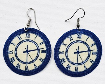 Roman Numeral Clock Earrings, Fabric Earrings, Handmade Clock Earrings, Roman Numeral Jewelry, Unique Clockface Earrings, Clock Jewellery