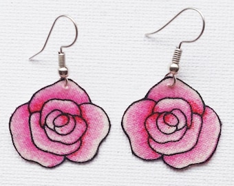 Pink Rose Earrings, Flower Fabric Earrings, Rose Fabric Earrings, Flower Lover Gift, Handmade Rose Earrings, Gardener Gift, Rose Jewellery