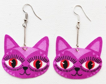Purple Cat Face Fabric Dangle Earrings, Handmade Cats, Kitten Earrings, Cat Jewelry, Cat Lover Gift, Veternarian Gift, Cat Dangle Earrings