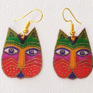 Rainbow Cat Fabric Earrings, Colorful Handmade Cat Earrings, Cat Lover Gift, Gift for Vet, Cat Jewelry, Laurel Burch Cats, Cute Cat Earrings