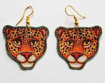 Handmade Leopard Fabric Dangle Earrings, Hypoallergenic