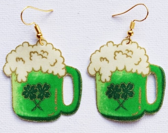 Green Beer Earrings, St Patricks Earrings, Beer Fabric Earrings, Clover Earrings, Beer Mug Earrings, Beer Jewellery, Irish Earrings, Ireland