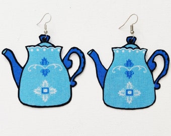 Blue Teapot Earrings, Teapot Fabric Earrings, Teapot Jewelry, Handmade Teapots, Tea Lover Gift, Hostess Gift, Mother Gift, Tea Pot Fabric