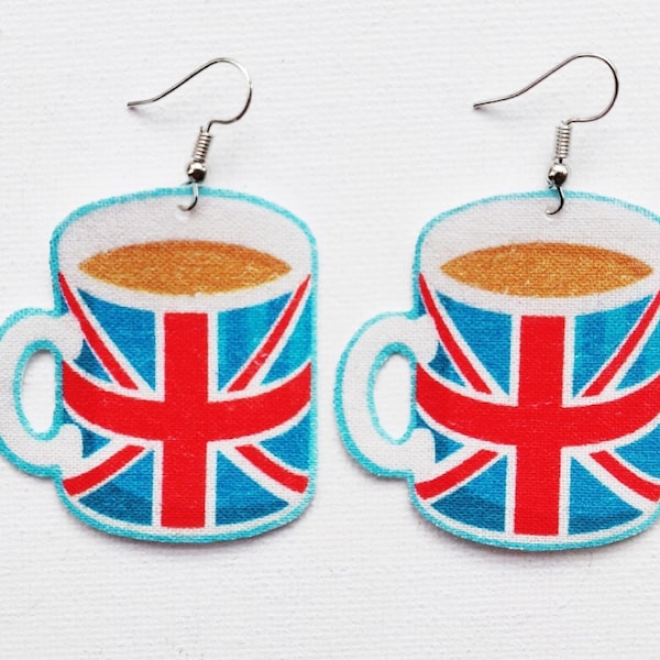 Union Jack Mug Earrings, Union Jack Fabric Earrings, Union Flag Earrings, Coronation Earrings, Union Jack Gift, Tea Mug Gift, Handmade Mugs