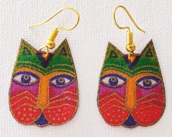 Rainbow Cat Fabric Earrings, Colorful Handmade Cat Earrings, Cat Lover Gift, Gift for Vet, Cat Jewelry, Laurel Burch Cats, Cute Cat Earrings