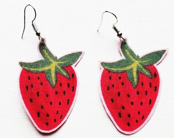 Strawberry Fabric Dangle Earrings, Strawberry Earrings, Strawberry Jewelry, Strawberry Lover Gift, Fruit Earrings, Handmade Strawberries
