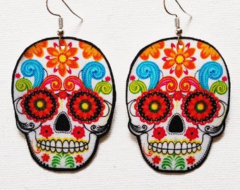 Sugar Skull Earrings, Skull Fabric Earrings, Mexican Skulls, Halloween Earrings, Scary Earrings, Scary Skull, Cinco de Mayo Gift