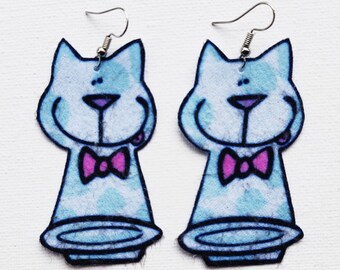Cat and Milk Earrings, Cat Fabric Earrings, Cat Jewelry, Cat Lover Gift, Calico Cat Earrings, Pink Bow Tie Earrings, Happy Cat Earrings