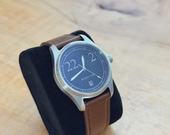 Automatic Black Enamel Dial Field Watch: NH35 Movement, Sapphire Crystal With Leather Strap