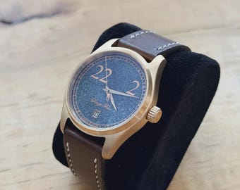 Artist Bronze Automatic Field Watch: Enamel Dial, Sapphire Crystal, Leather Strap Watch