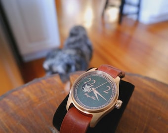 Artist Automatic Field Watch: Green Enamel Dial With Leather Strap, Stainless Steel Watch